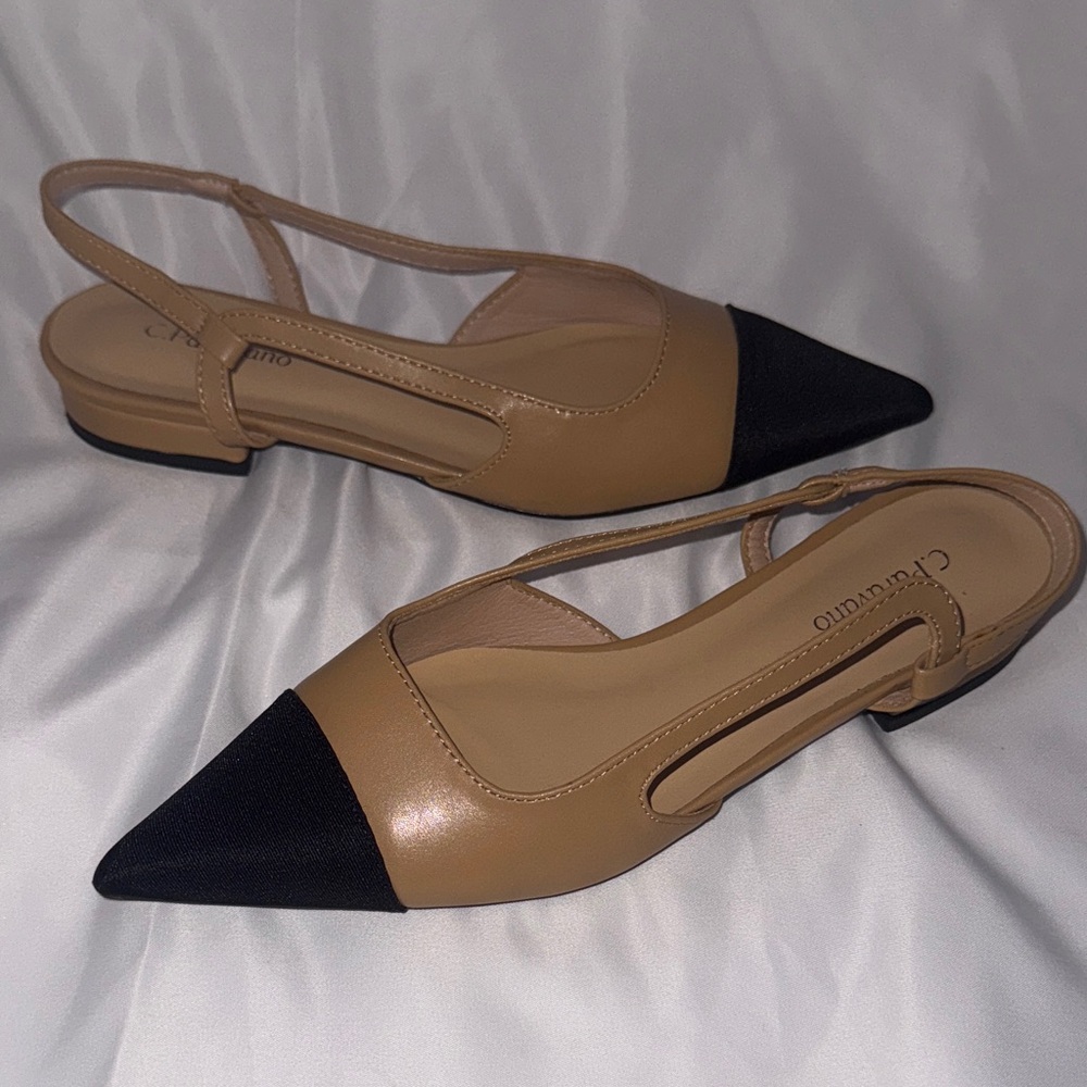 Women's Tan and Black Pointed Toe Flats - Picture 3 of 3